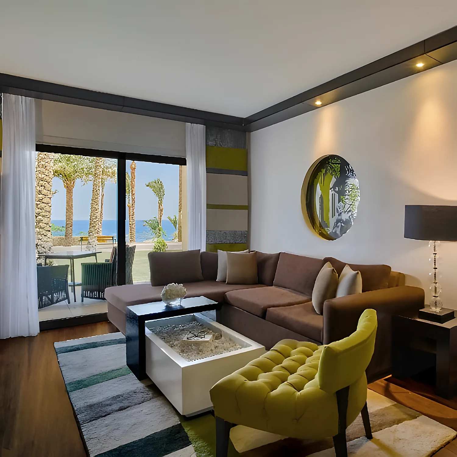 Suite lounge with seating and a panoramic terrace